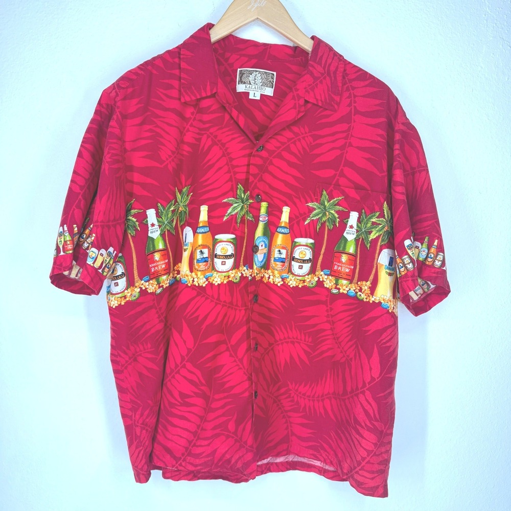 Vintage Kalaheo Hawaiian Camp Shirt Palm‎ Tree Novelty Print Hawaii USA Large
